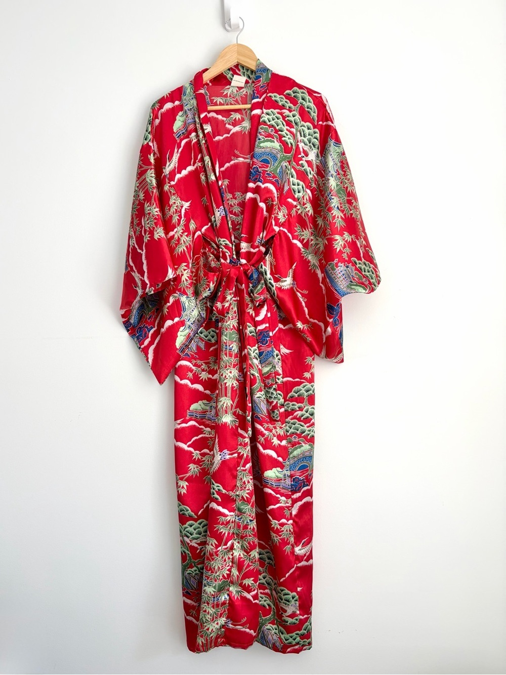 Vintage Red Crane Kimono Robe - Made in Hong Kong